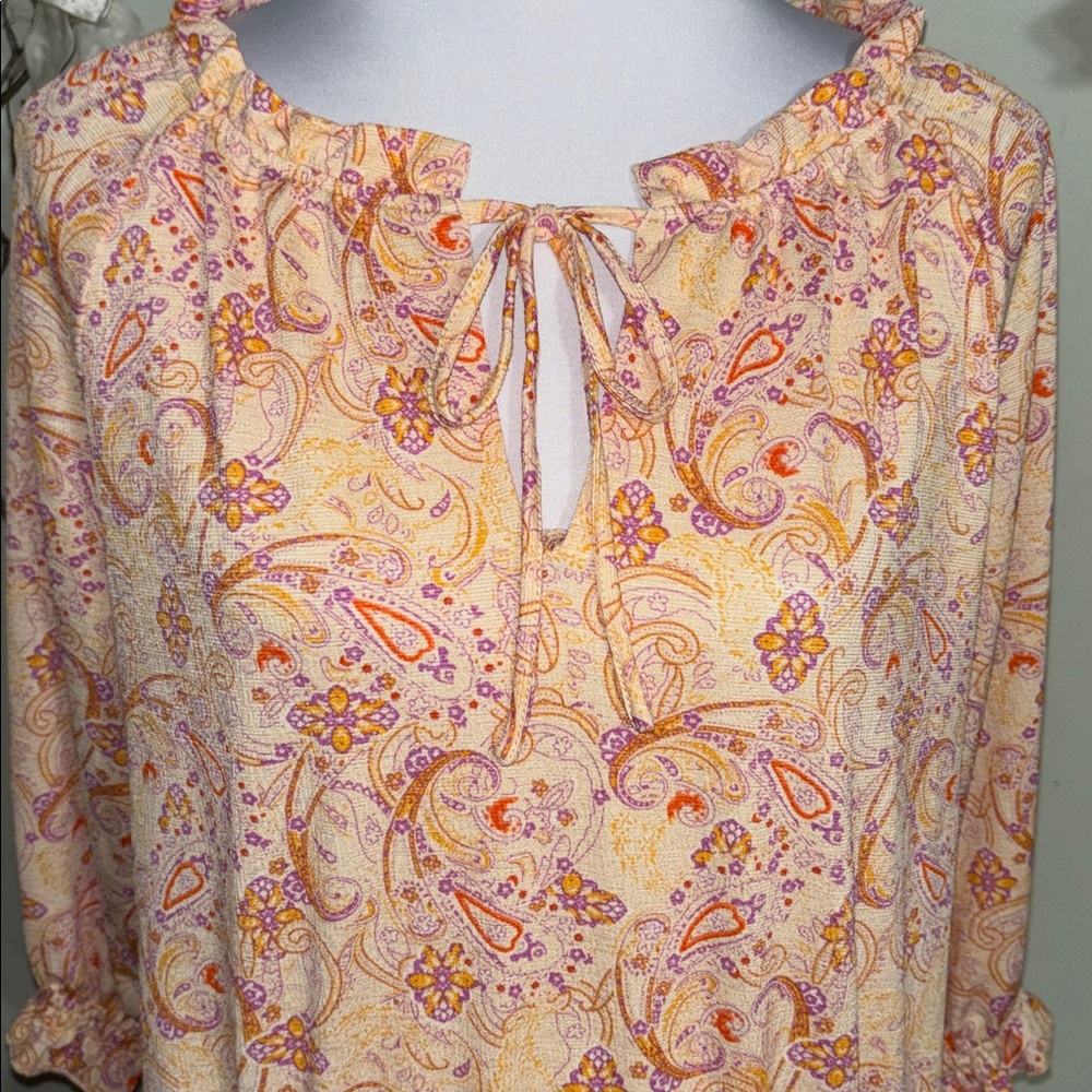 Anthropologie Paisley Ruffle Blouse Cream and Orange - Picture 2 of 4